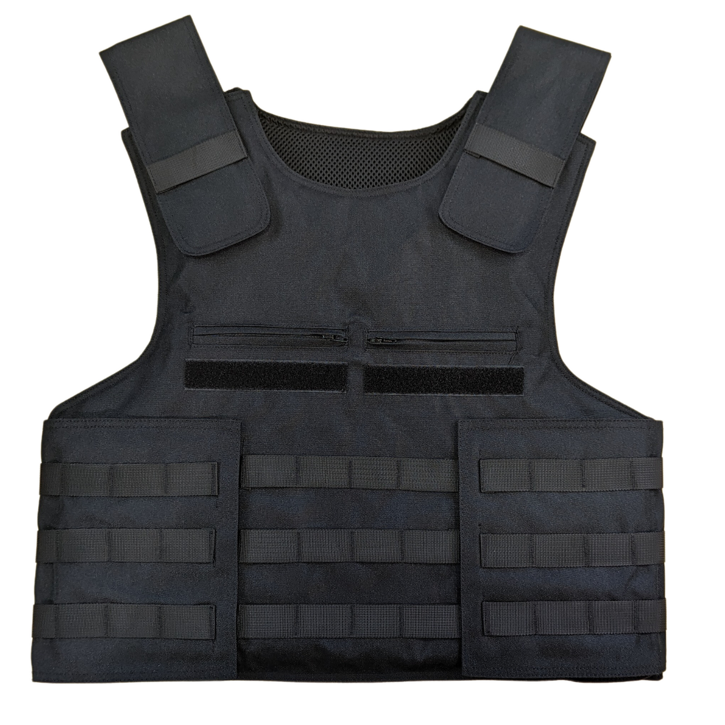 Black tactical vest with two pockets, velcro backing, and three stripes of molle. 