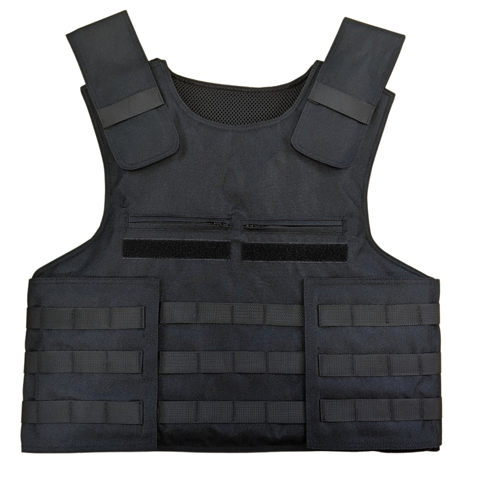 Black tactical vest with two pockets, velcro backing, and three stripes of molle. 