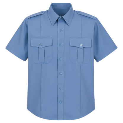 Blue short-sleeve uniform shirt on a white background