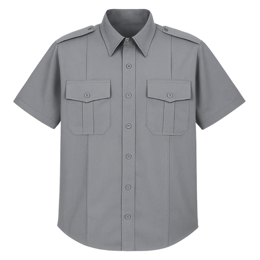 Grey short-sleeve shirt with two front pockets on a white background