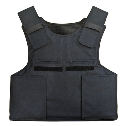 Black tactical vest with 2 pockets and velcro backing on a white background