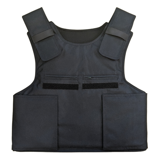 Black tactical vest with 2 pockets and velcro backing on a white background