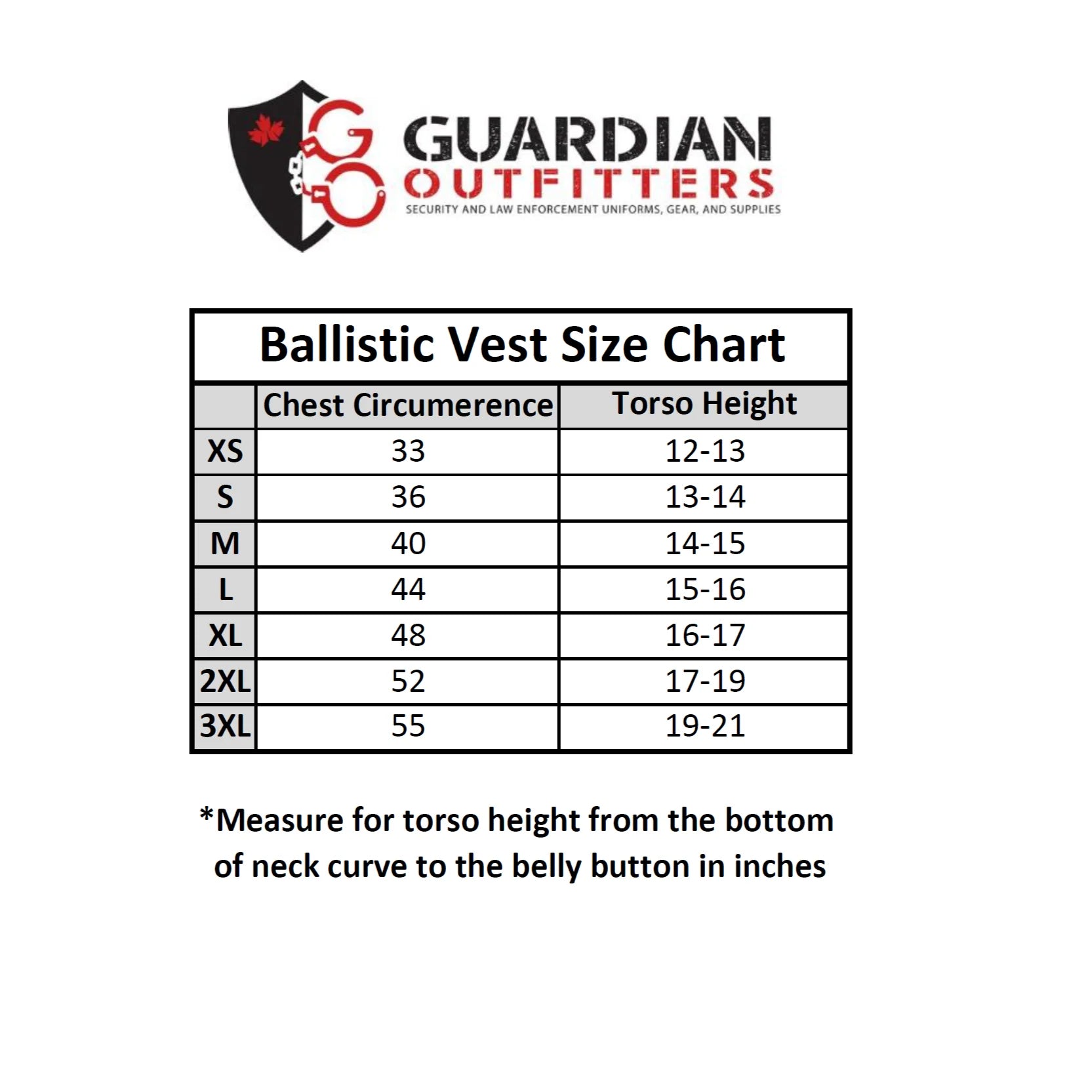 Ballistic vest size chart for Guardian Outfitters with measurements for chest circumference and torso height.