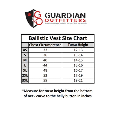 Ballistic vest size chart for Guardian Outfitters with measurements for chest circumference and torso height.